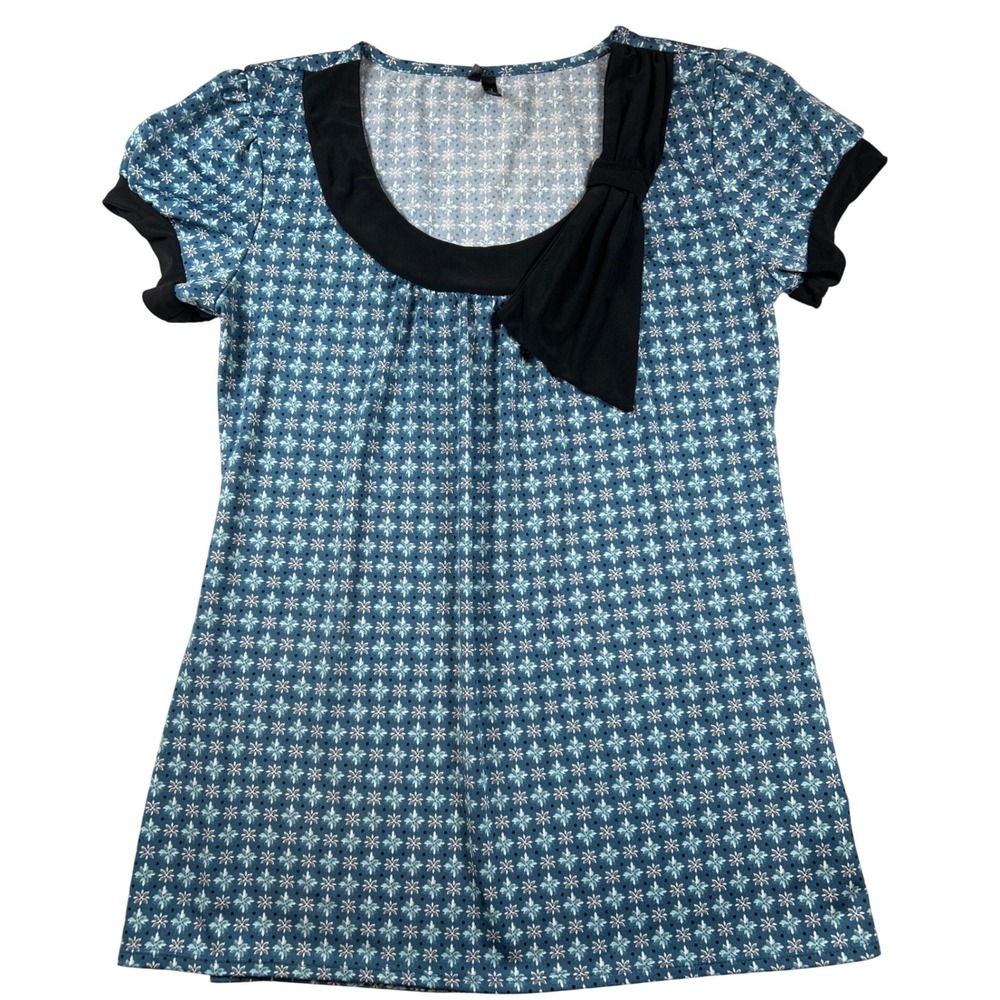 Maurices Womens Blue Floral Geometric Scoop Neck Bow Accent Top 4191-E204 Size S